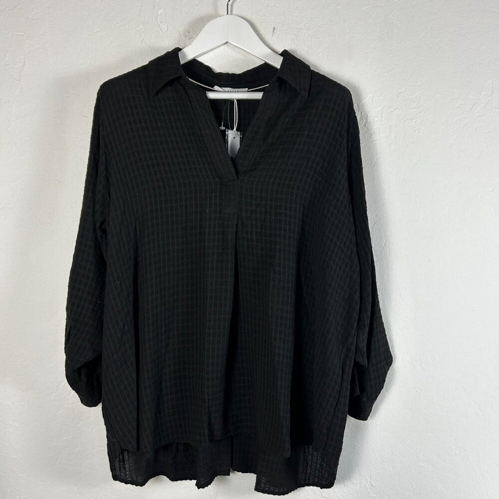 Jane + Delancey Womens Black Textured Button-Back Blouse 1X Roll-Tab Sleeve New